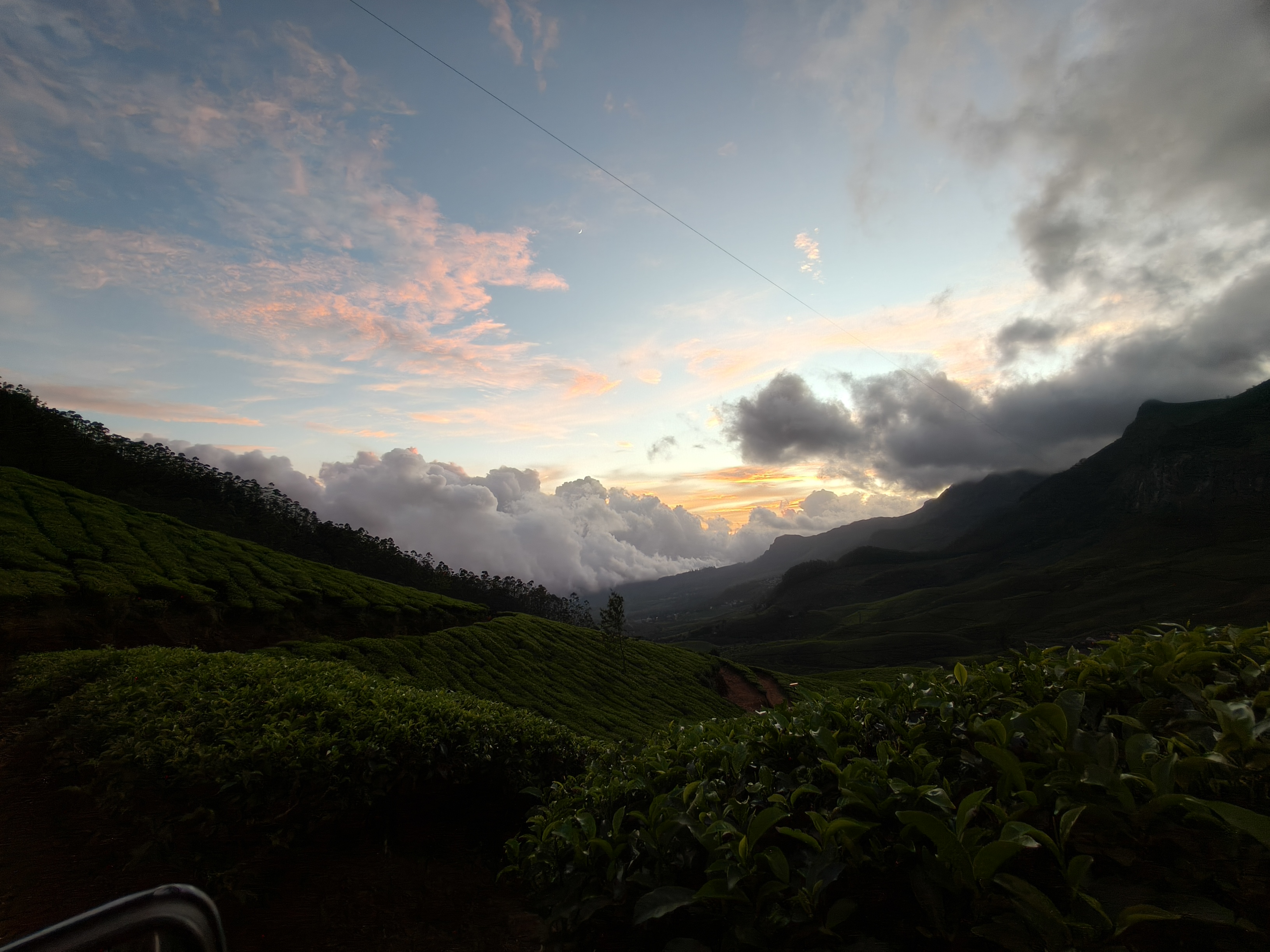 Kolukkumalai sunrise view through tea plantations with misty mountains